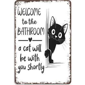 Vintage Black & White Cat Wall Art - "Welcome To The Bathroom" Funny Metal Tin Sign - Retro Bathroom Decor With Cat Design - Aluminum Tin Sign For Restroom 8x12in