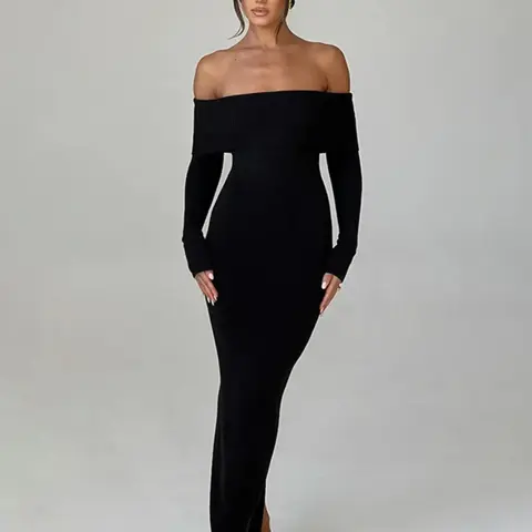 Women's Off Shoulder Split Hem Bodycon Knitting Dress, Slit Formal Dress, Elegant Long Sleeve Dress for Party Dating Wear, Women's Clothing for Fall & Winter, Womenswear