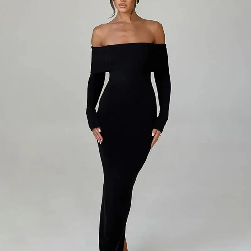 Women's Off Shoulder Split Hem Bodycon Knitting Dress, Slit Formal Dress, Elegant Long Sleeve Dress for Party Dating Wear, Women's Clothing for Fall & Winter, Womenswear