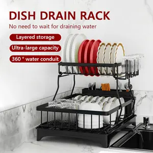Double Dish Rack For 2-Tier Kitchen Countertops, Cutlery Drying Rack With 360° Drainage, Cutlery Drain Tray With Cutlery Rack And 4 Cup Holders, Cutlery Drain Over Sink Drying Rack