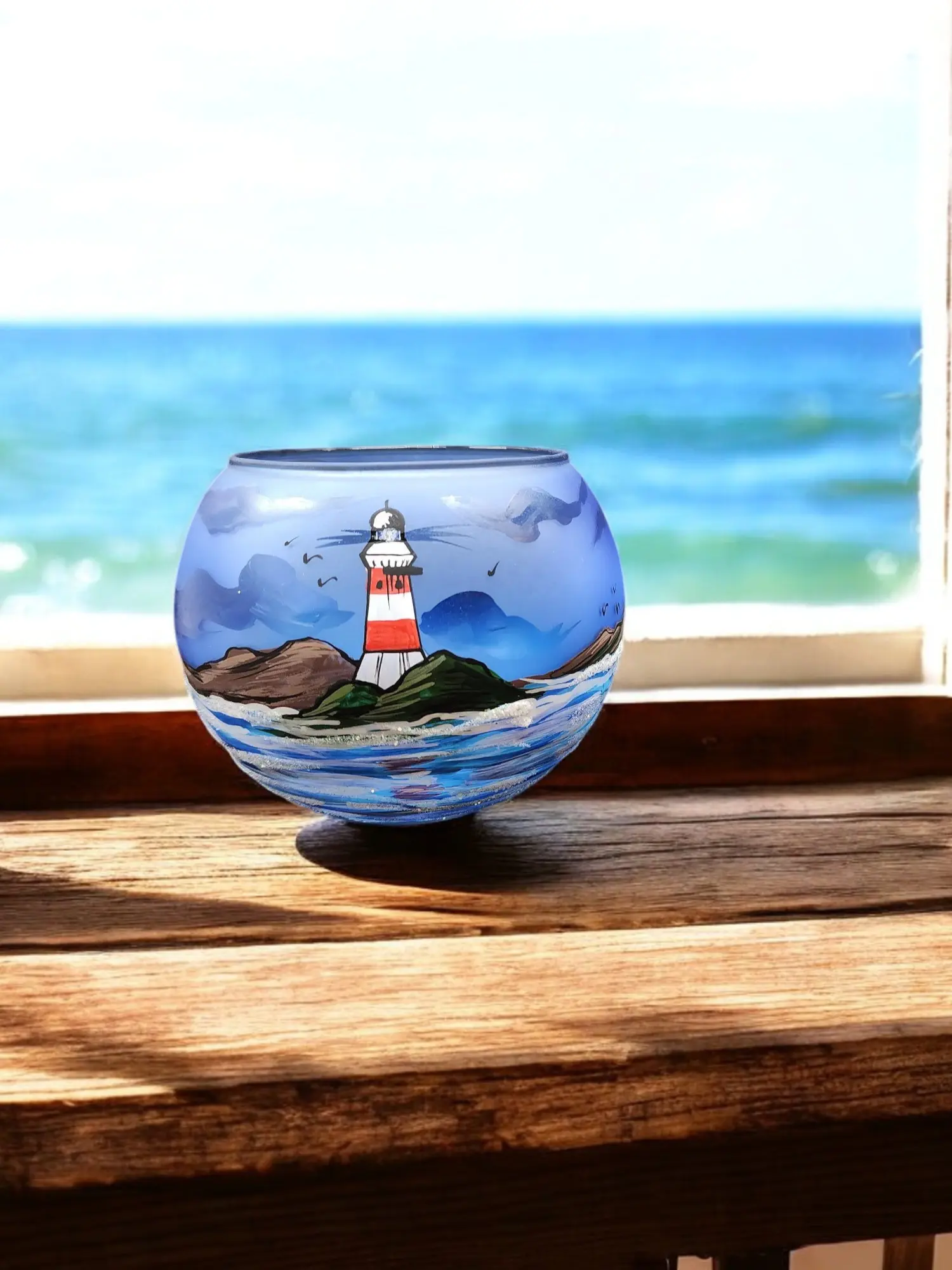 Large Light Blue Glass Candle Holder, Hand Crafted in Ukraine, Lighthouse and Sailboat Design, Wonderful Year Round