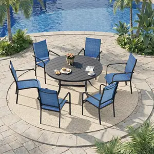 7-Piece Outdoor Patio Dining Set with 53.2" Round Table, Adjustable Umbrella Hole and 6 Stackable Textilene Chairs for Garden, Backyard, Deck, Brown/Blue/Gray