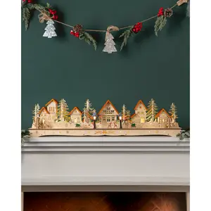 8" Natural Lit Wooden Christmas Mantel Village, Width 3.5" by Balsam Hill