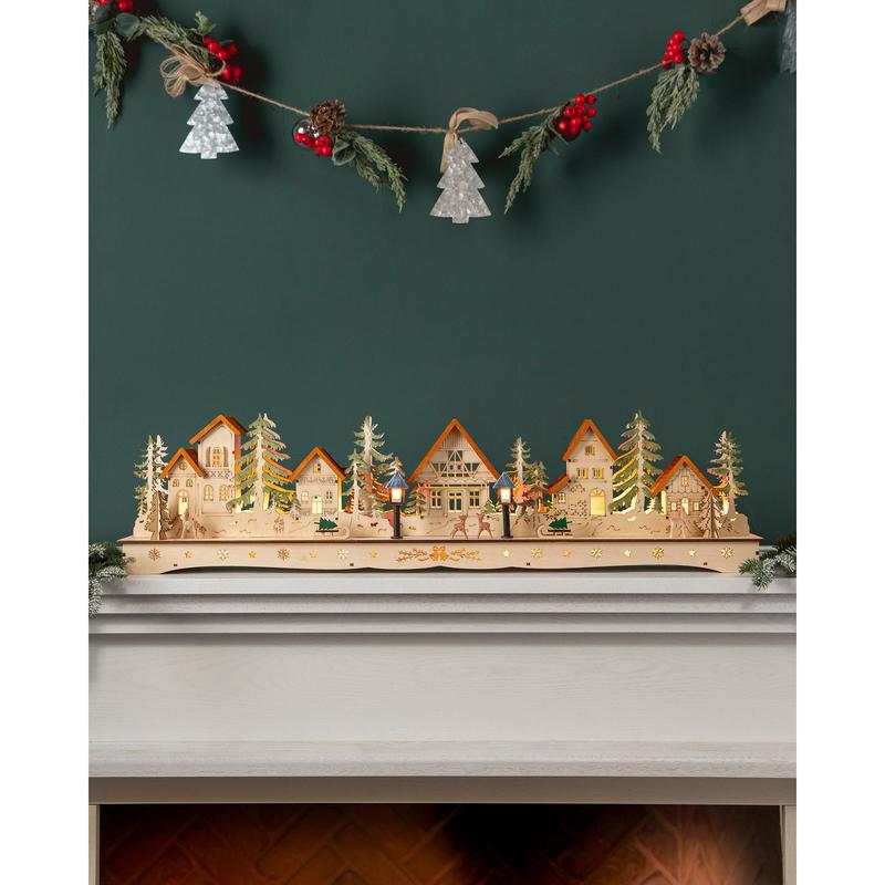 8" Natural Lit Wooden Christmas Mantel Village, Width 3.5" by Balsam Hill