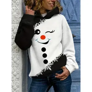 Women’s Christmas Snowman Winking pullover sweatshirt with snowflake contrast sleeves, cozy fleece-lined, machine washable—perfect for holiday parties and casual outfits. Playful festive design with medium elasticity. Fab WJ378142, snug fit.