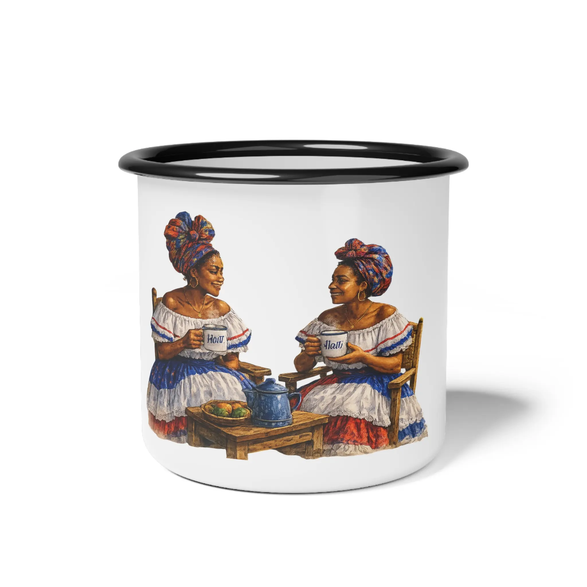 12 oz Black-Rimmed Enamel Camp Cup - Vintage Tropical Folk Art, Lightweight Steel, Corrosive Resistant, Dishwasher Safe for Camping, Desk, Off Grid & Outdoor Adventure Use, Off Grid Cups & Mugs, Outdoor Camping, Steel Mug, Sturdy, Vivid Print, One Size