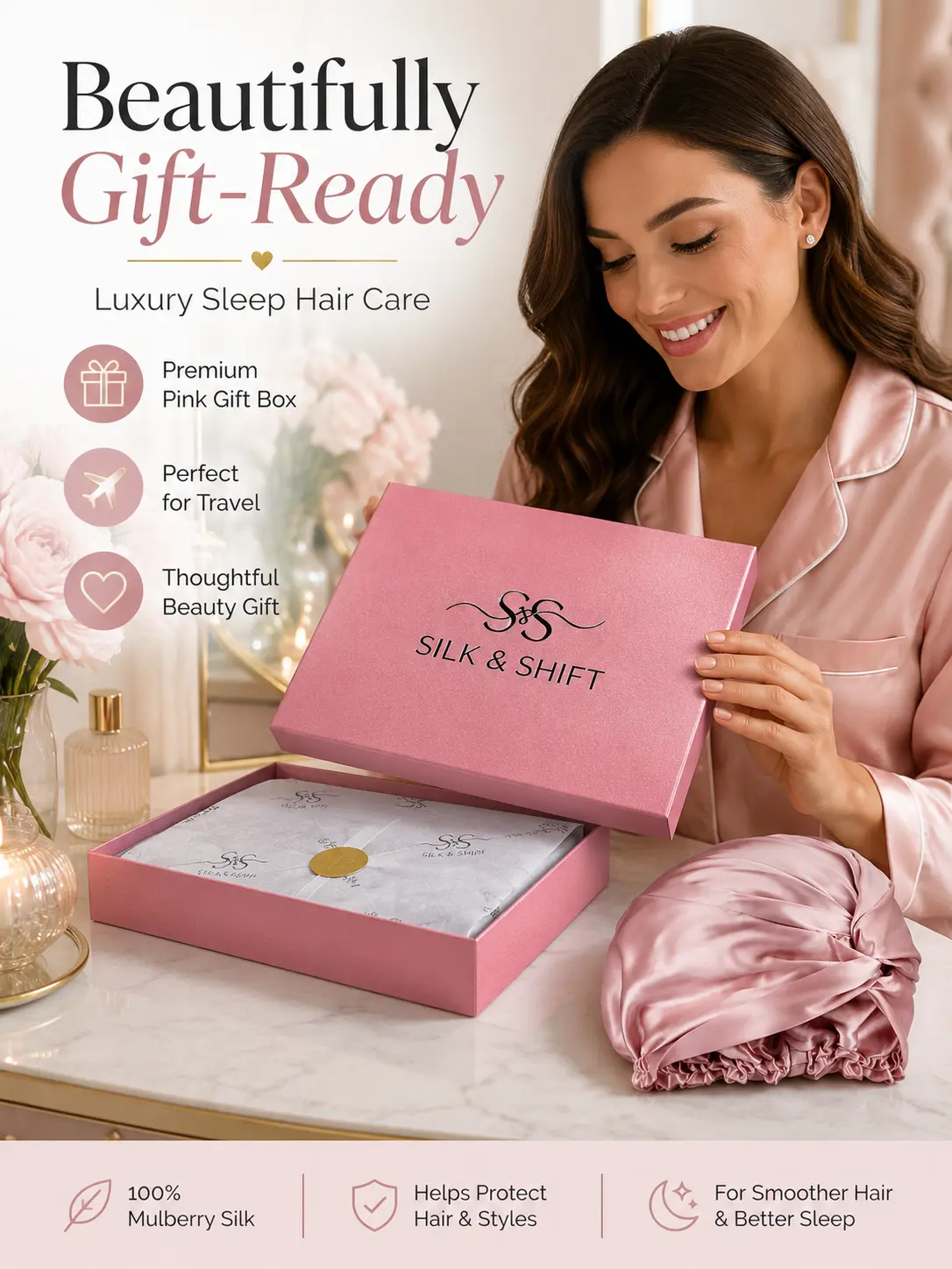 SILK&SHIFT 100% Mulberry Silk Bonnet – Anti-Frizz Hair Sleep Cap – Protects Curls & Extends Blowouts