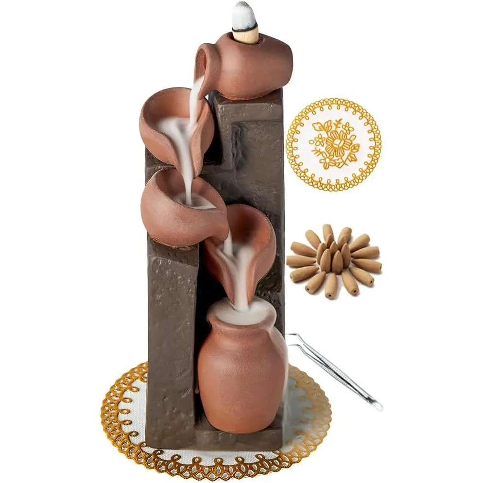 Unique Cascading Basins Ceramic Waterfall Incense Holder, Paired with a Pack of Backflow Incense Cones. (Primary)