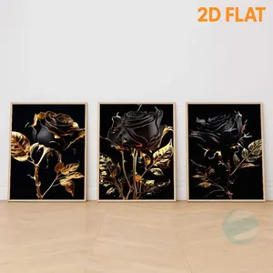 [2D Flat Printing] 3pcs/set Luxury Black Rose Gold Foil Wall Art Poster, Abstract 3D Rose Canvas Painting Prints, Elegant Flower Art Decor, Modern Home Decor for Living Room Bedroom Office, Unframed