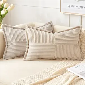 Pack of 2 Beige Corduroy Decorative Throw Pillow Covers with Splicing 12x20 Inch Textured Boho Striped Pillow Covers for Couch Sofa Living Room