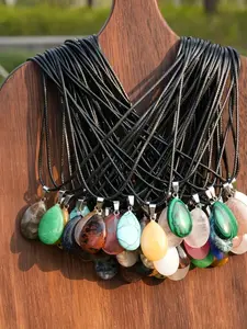30-Piece Teardrop Pendant Set, Natural Stone & Crystal Mix, Leather Necklace, Bohemian Style, DIY Jewelry Making Kit