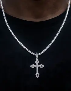 GLD  Mens Black Stone Celtic Cross Necklace, White & Gold