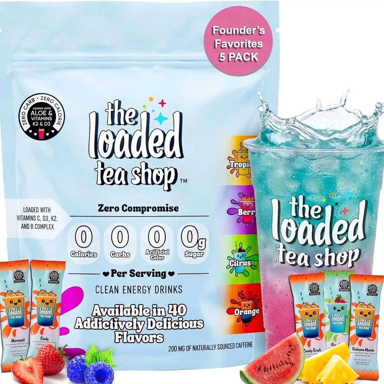 The Loaded Tea Shop Energy Drink Mix Sticks, Founder’s Favorites 5 Pack, Sugar-Free, Zero Calories, 200mg Natural Caffeine, No Artificial Colors/Flavors, Powder Packets w/ B Vitamins - Energy Drink Alternative