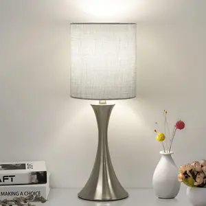 Three-level touch-control desk lamp, dimmable bedside lamp, modern bedside table lamp with metal base, stylish gray lampshade, simple side table lamp, suitable for bedroom, living room, office or study, includes LED bulb