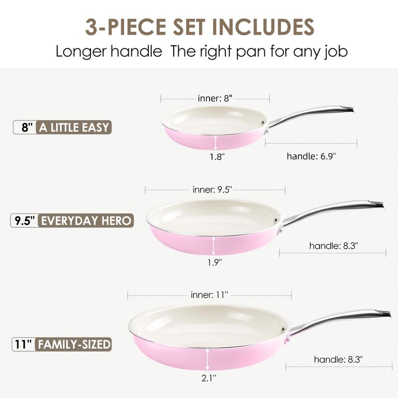【New Year Deal】Kikcoin 3-Piece Ceramic Nonstick Frying Pan Set – 8" 9.5" 11", PFAS/PTFE/PFOA Free, Non-Toxic, Stay-Cool Stainless Steel Handle, Dishwasher & Oven Safe