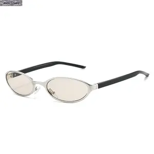 Futuristic Cat Eye Sunglasses - Unisex Fashionable Glasses with Slim Metal Frame and Silver Edge, UV Protection, Trendy Streetwear Eyewear for Driving & Daily Style