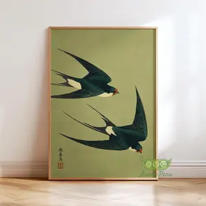 [Sale Up To 40%] [Unframed Poster] Vintage Swallow Bird Wall Art, Retro Flying Swallow Print, Classic Nature Decor, Japandi Poster, Traditional Asian Animal Artwork, Green Art