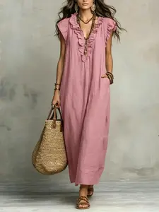 Women's Summer Ruffle V-Neck Long Dress, Fashionable Flutter Sleeve Skirt, Elegant and Stylish Clothing for Warm Weather, Formal, Chic, Versatile, Comfort, Wear, Style, Outfit, Essential, Trendy, Classy