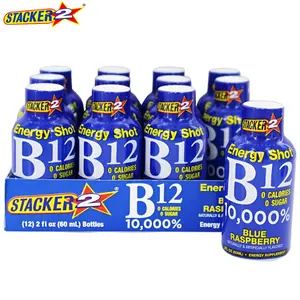 Stacker 2 Blue Raspberry B12 Energy Shot 10000% Dietary Supplement 2oz (Pack of 12) 8 Calories & Carbs Energy Shot