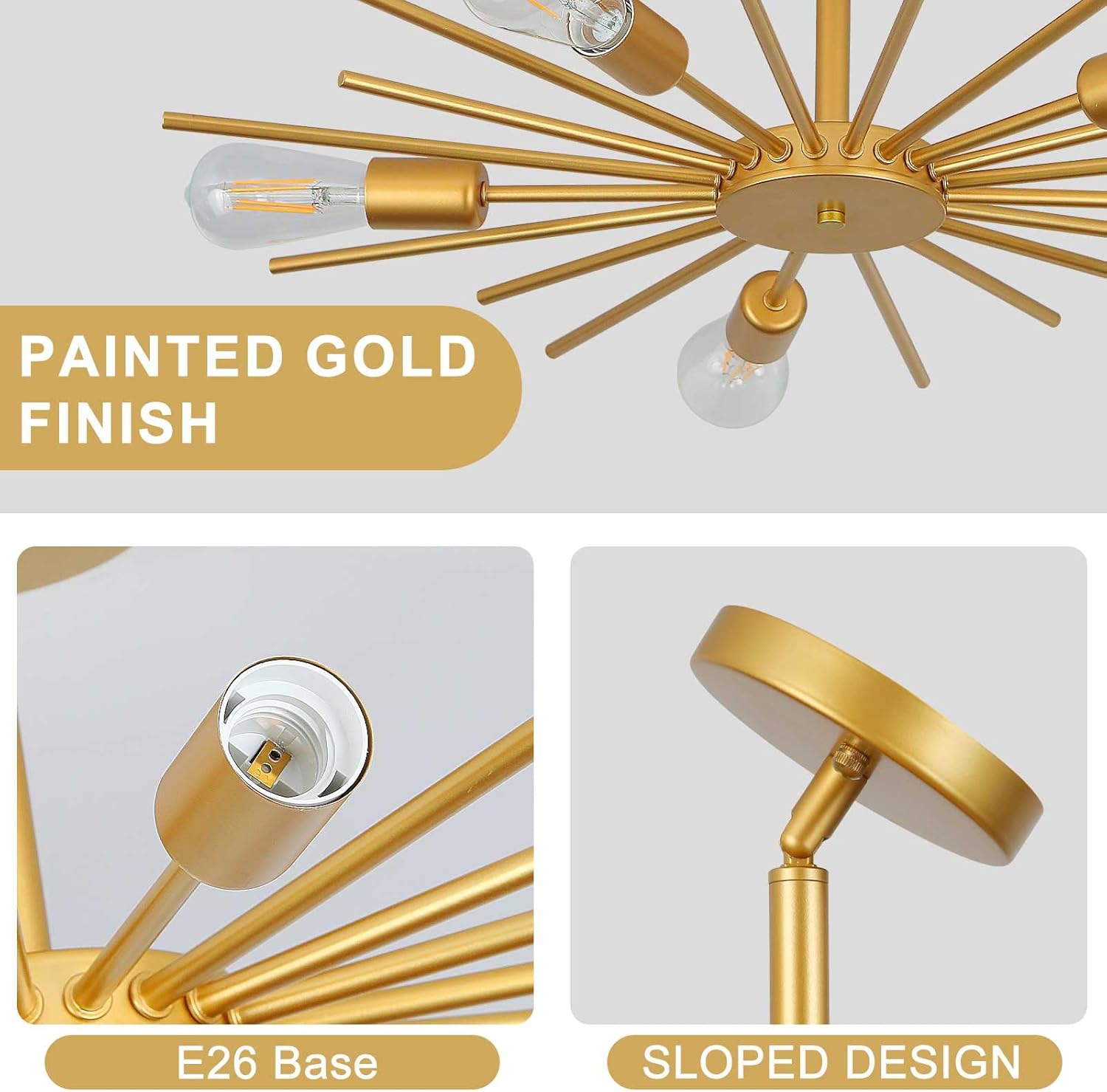 Gold Semi Flush Mount Ceiling Light, 27.5" 5-Light Large Sputnik Modern Mid Century Ceiling Light for Kitchen Entryway Bedroom Living Room