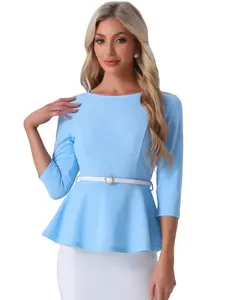 INSPIRE CHIC 3/4 Sleeve Belted Elegant Peplum Blouse Top