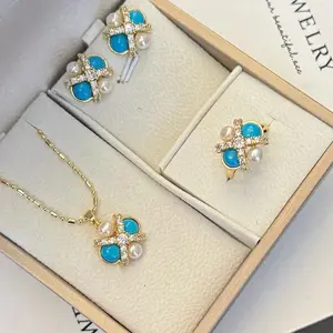 SR Pearl Co. Freshwater Pearl with turquoise 3 Pieces Jewelry Set Necklace Ring9Size Adjustable One Size Fits ALL), Earring Women Gift