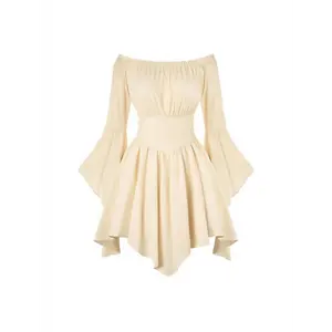 Women's Boho Elegant Off-Shoulder Ruffled Hem A-Line Midi Dress - Solid Black & White Contrast Short Sleeves, Flowy Bohemian Summer Wedding Guest Dress, Prom Party Outfit, Machine Washable Round Neck Boho-Chic Gown