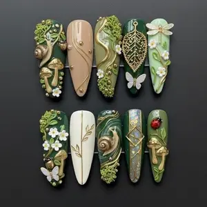 Enchanted Forest Press On Nails 3D Snail Butterfly Mushroom Charm Summer Vibe