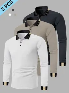 Men's 3-Piece Casual Fall Polo Shirts, Classic Fit Design, Perfect for Golf and Leisure Wear, Great Gift Choice