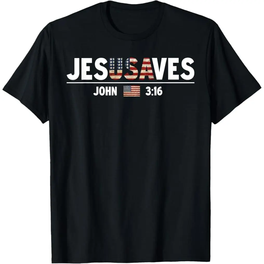 100% Premium Cotton Short-Sleeve Round Neck Graphic Print Casual Sports Top, Patriotic Christian Jesus Saves JesUSAves USA American Flag T-Shirt