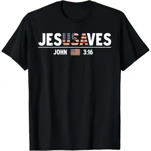 100% Premium Cotton T-Shirt Jesus Saves JesUSAves USA American Flag Patriotic Christian T-Shirt