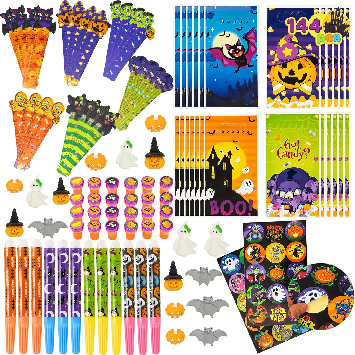 Halloween Fall Gift 144 Pieces 24 Pack Assorted Halloween Themed Stationery Kid Gift Set Trick Treat Prize Party Favor Toy Including Halloween Coloring Marker, Ruler, Sticker, Stamp and Eraser in Trick or Treat Bag