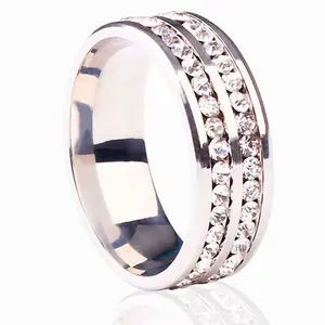 Men Fashion Casual Romantic Stainless Steel Double Row Cubic Zirconia Ring For Engagement, Wedding Rings