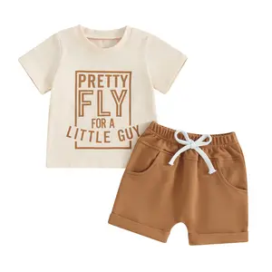 Toddler Baby Boy Summer Clothes Short Sleeve Letter Print T Shirt Tops + Elastic Shorts Infant Casual Outfit Set