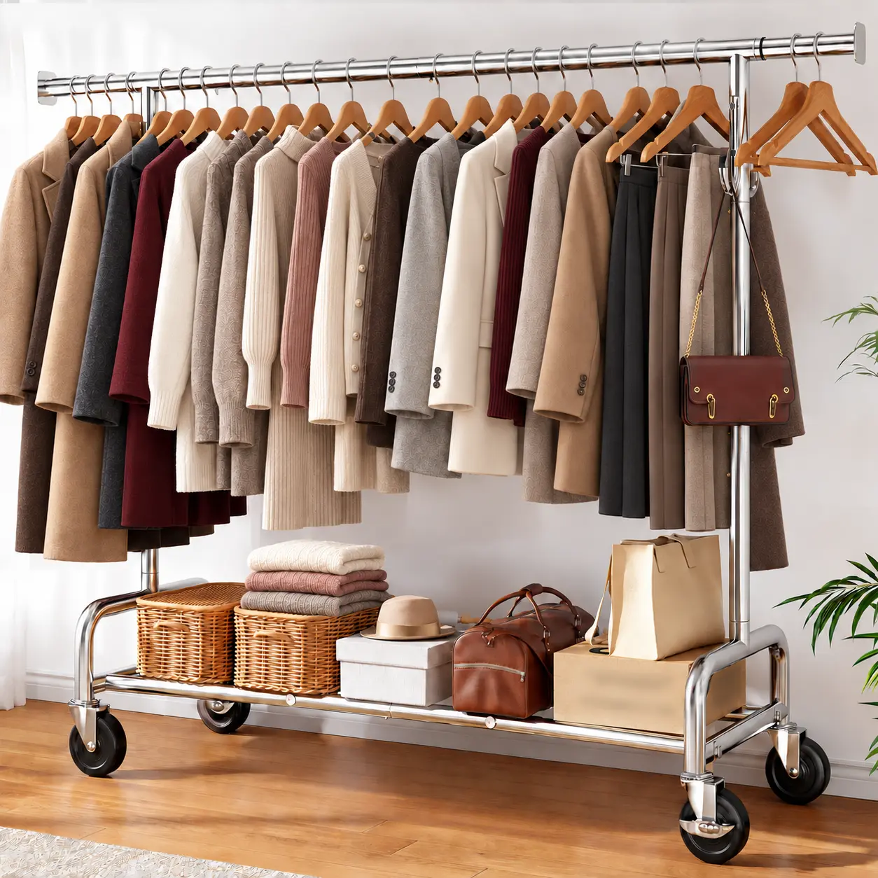 Raybee Heavy Duty Clothes Rack | 450LBS Max Load, Lockable Wheels,75" Extendable Height & Length Garment Rack for Bedroom, Laundry Room, Commercial