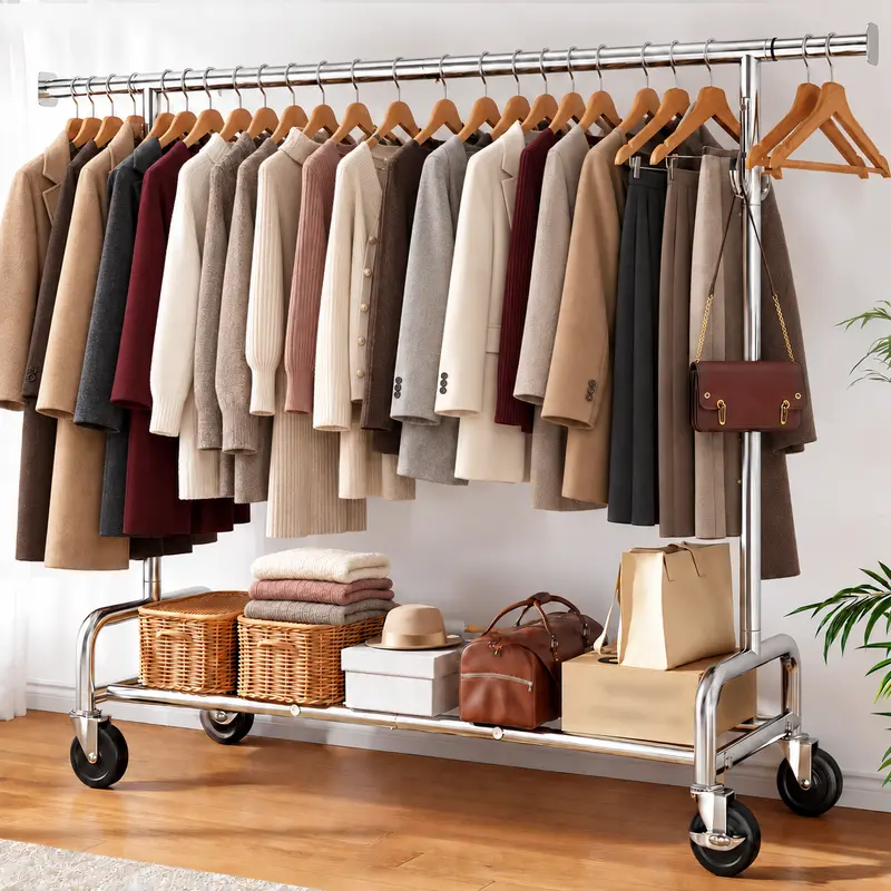 Raybee Heavy Duty Clothes Rack | 450LBS Max Load, Lockable Wheels,75" Extendable Height & Length Garment Rack for Bedroom, Laundry Room, Commercial