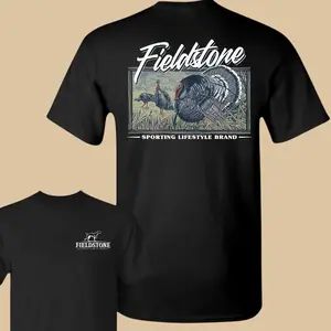 Fieldstone Turkey Hunting T-Shirt - Detailed Wild Turkey Back Print Classic Sporting Lifestyle Brand Style Outdoor Apparel Casual Everyday Wear Great Gift For Hunters Crew Neck Menswear Tops - Love, Fabric