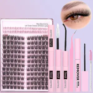 Individual False Eyelashes Kit, Makeup Eyelashes Extension, 1 Set Natural Look Eyelash Extensions with Eyelash Fixer & Remover & Brush & Tweezers, Self Grafting Curling Fake Eyelashes, DIY Lash Cluster, Eyelash Glue Tweezers