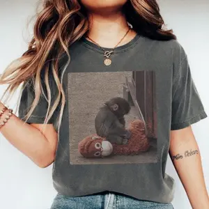 Sad Monkey Graphic Tee, Emotional Plush Toy Shirt, Viral Meme Aesthetic Top, Comfort Colors punch The Baby Monkey Hugging Stuffed Toy Shirt