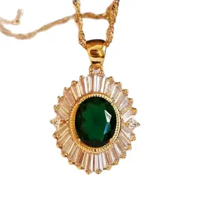 New 18K Gold Plated over 925 Silver Filled Oval Cut Emerald Baguette Diamond Necklace Pendant & Chain