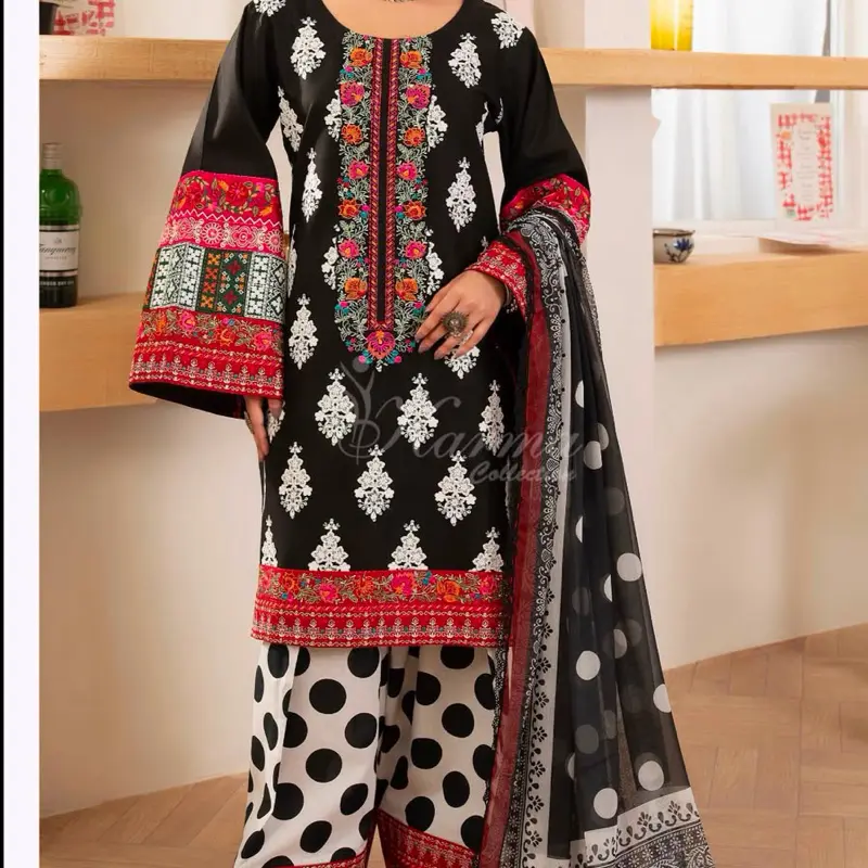 Women's Pakistani Cotton Farshi Salwar Kameez Set, Embroidered Shirt, Elegant Design with Shefon Dupatta