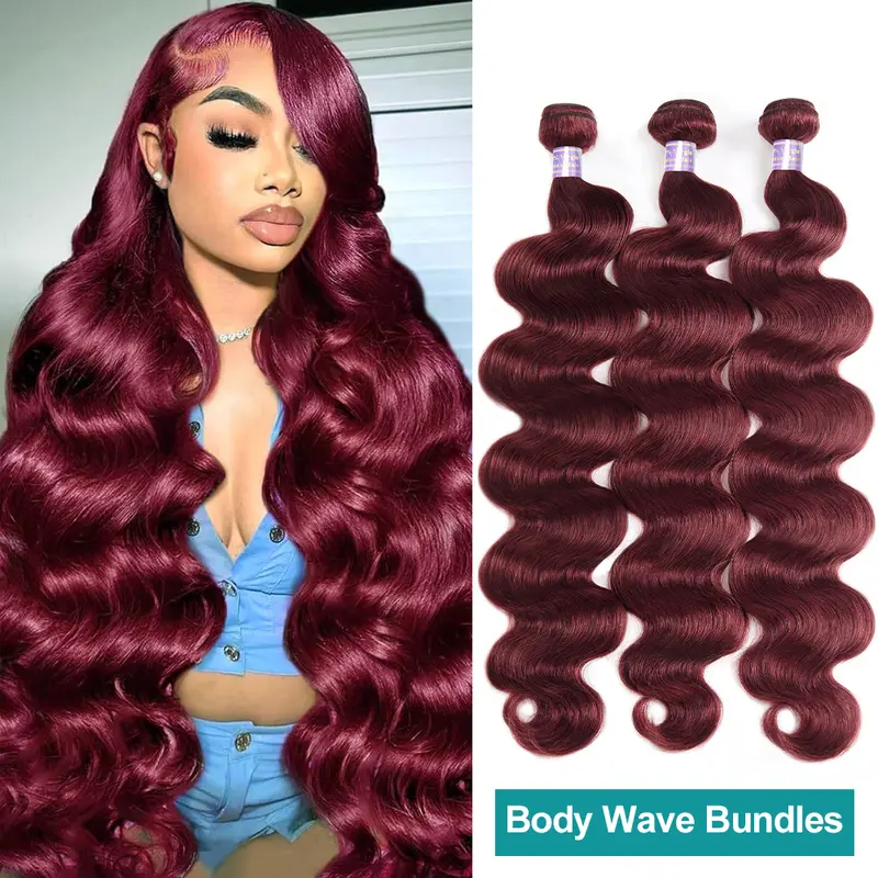 Allove 99j Burgundy Body Wave Bundles Quick Weave Extensions Dark Red Colored Human Hair Weave Bundles 1 3 4 PCS