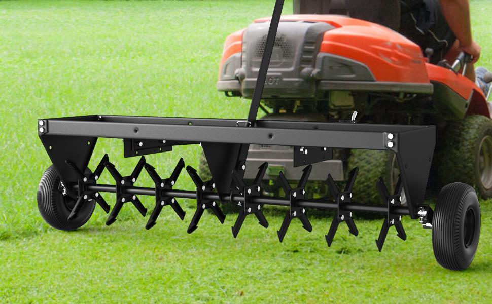 GARVEE Tow Behind Spike Aerator, 32 Inch Tow Behind Aerators with Durable Steel Tines Lawn Soil Penetrator with Extra-Wide Tow Bar for Lawn, Farm, Planting