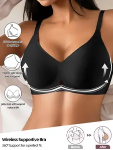 Women's Deep V Cutout Wide Strap Jelly Bra, Removable Padding Wireless Support Underwear, Casual All-Season Fitted Design
