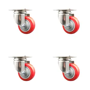 Polyurethane Swivel Top Plate Caster Set of 4 with 3.5 Inch Red Caster Wheels - 316 Stainless Steel Casters - Includes 4 Swivel Casters - 1,200 lbs. Total Capacity - Service Caster Brand
