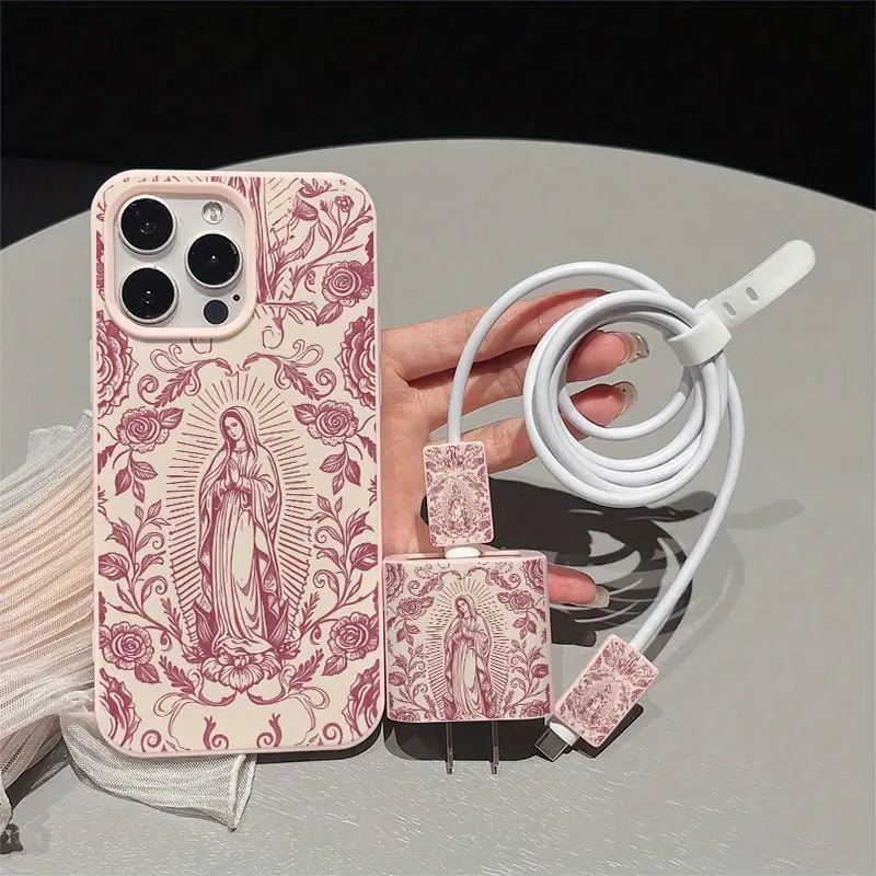 Liquid Hole iPhone Case Set, Virgin Mary Design, Shockproof, Includes Charger Cover & Cable Protector, Fits iPhone 11-16 Series