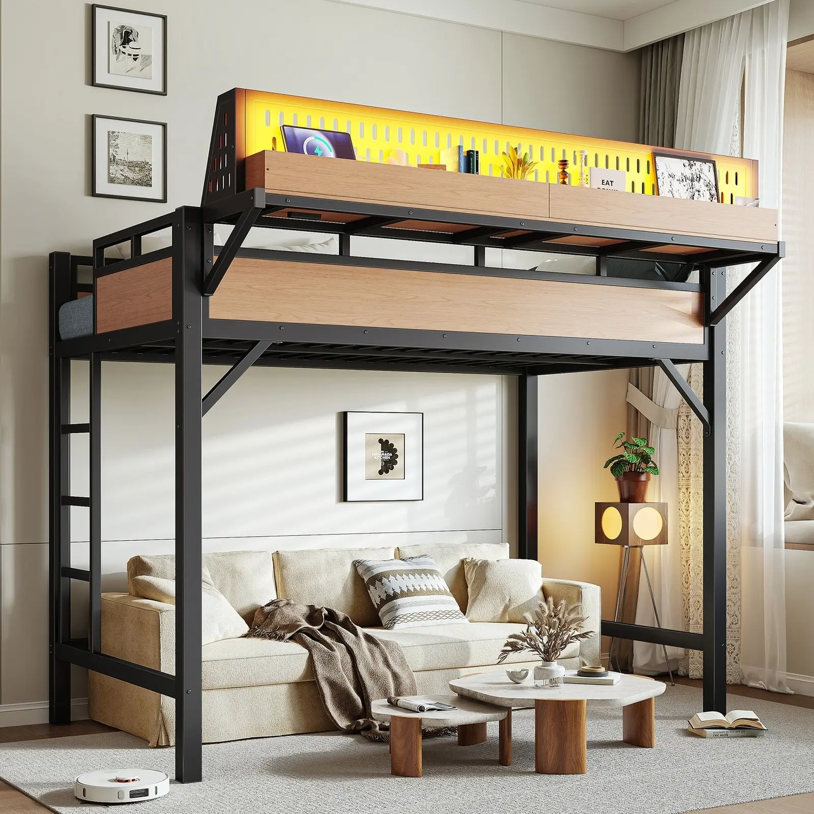 Twin XL/Full/Queen Size Metal Loft Bed Frame with Desk, LED Lights, Charging Station and Storage Shelves, Natural/Black