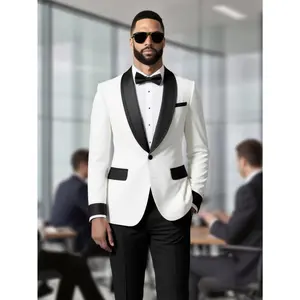 Men's Suit Sparkly Rhinestone 2 Pieces Tuxedo Set - White Jacquard Jacket & Black Pants | Shawl Collar | Wedding, Prom, Formal