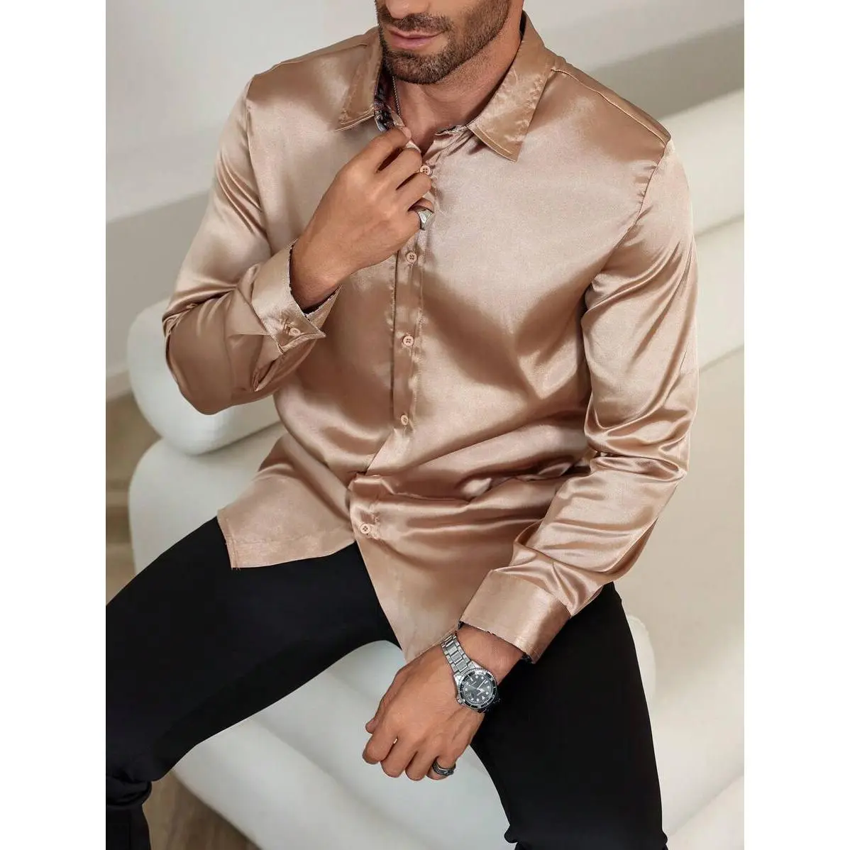 mens gold satin dress shirt Barry. Wang Mens Dress Shirt Gold Paisley Long Sleeve Casual Button Down Shirt, 3XL main image 0