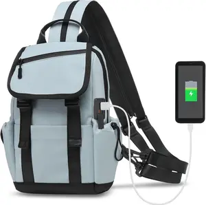 Small Backpack for Women Men, Convertible Crossbody Bags with USB Charge Port, Lightweight Casual Sling Shoulder for Outdoor Travel (Blue Gray)